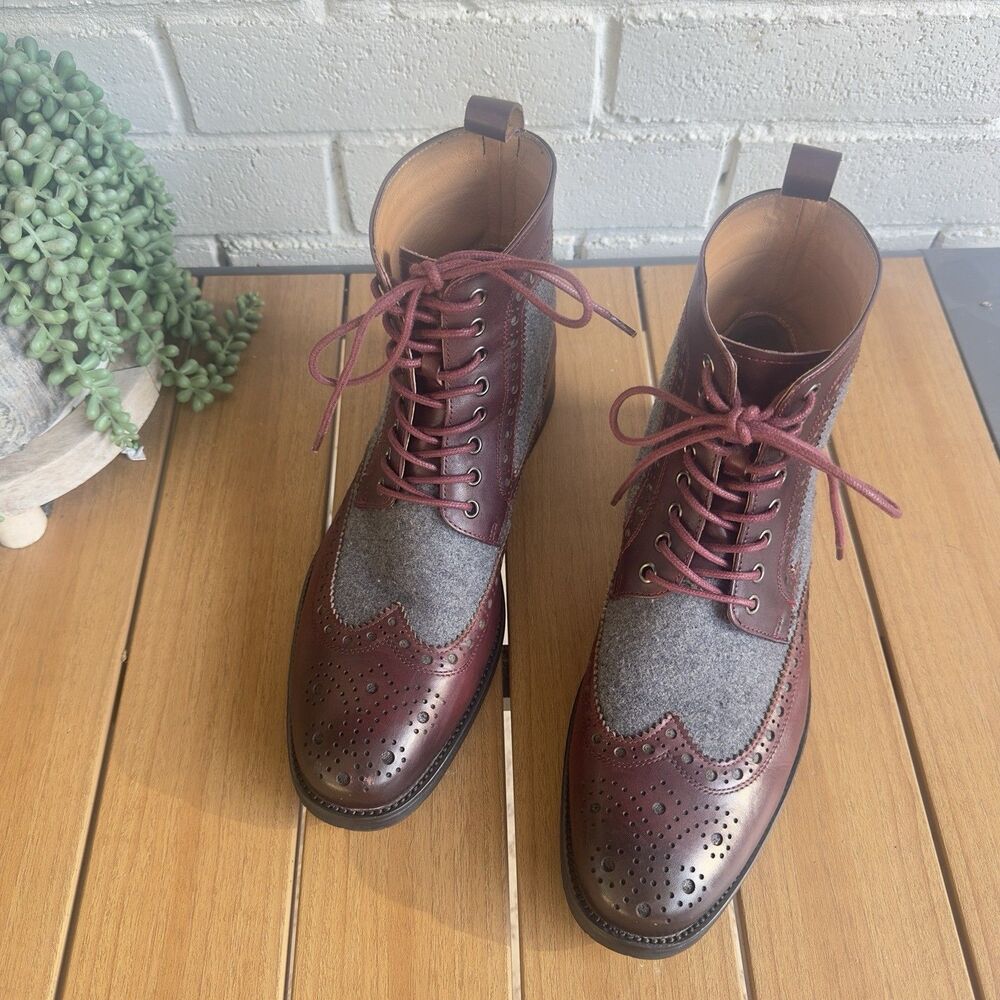 Marc Nolan Belmont Men’s 10 Burgundy Leather Gray Wingtip Brogue Ankle Boots